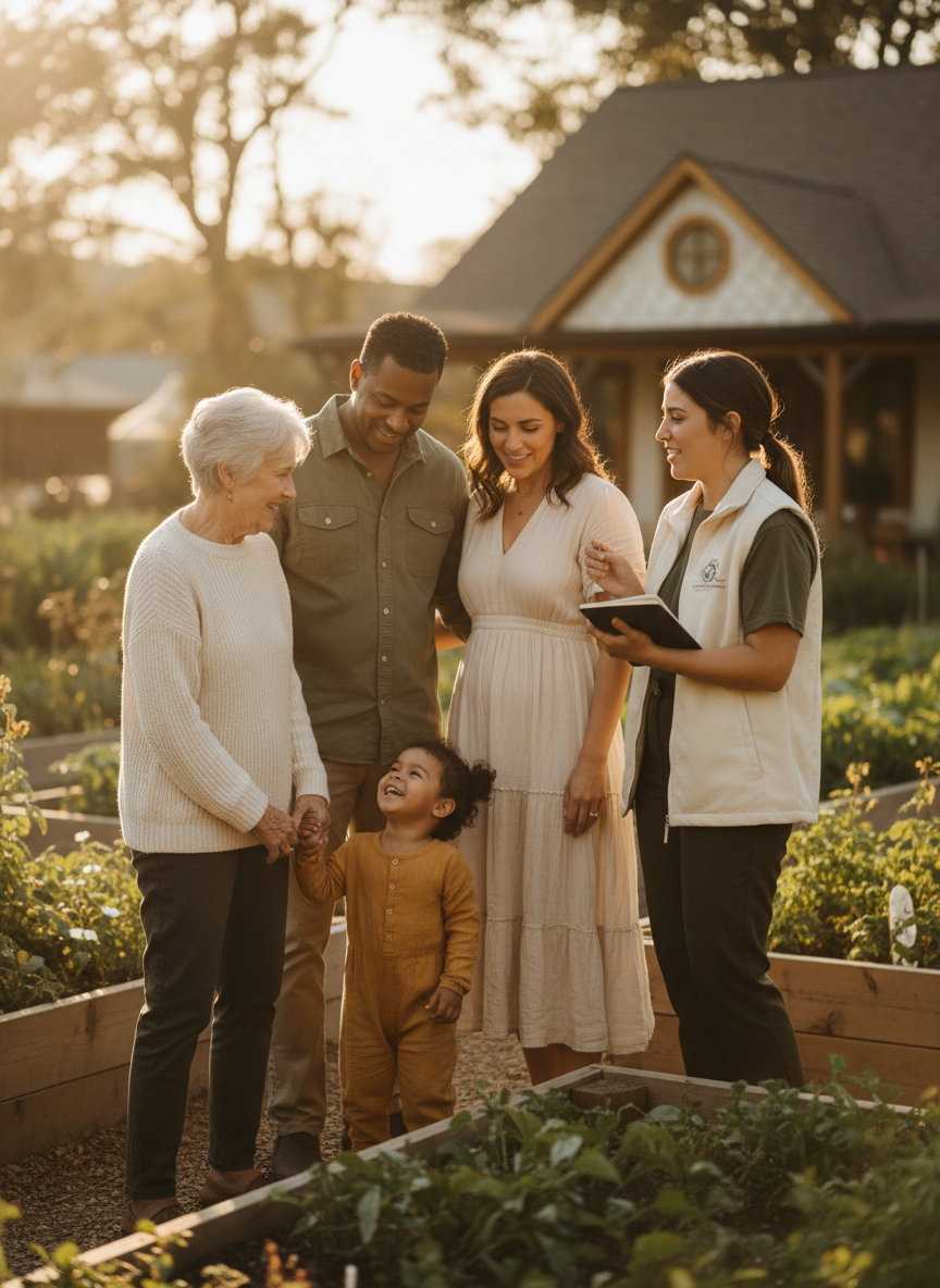 Candid warm photograph of a multigenerational family and a community volunteer sharing a genuine moment together outdoors in soft golden-hour light