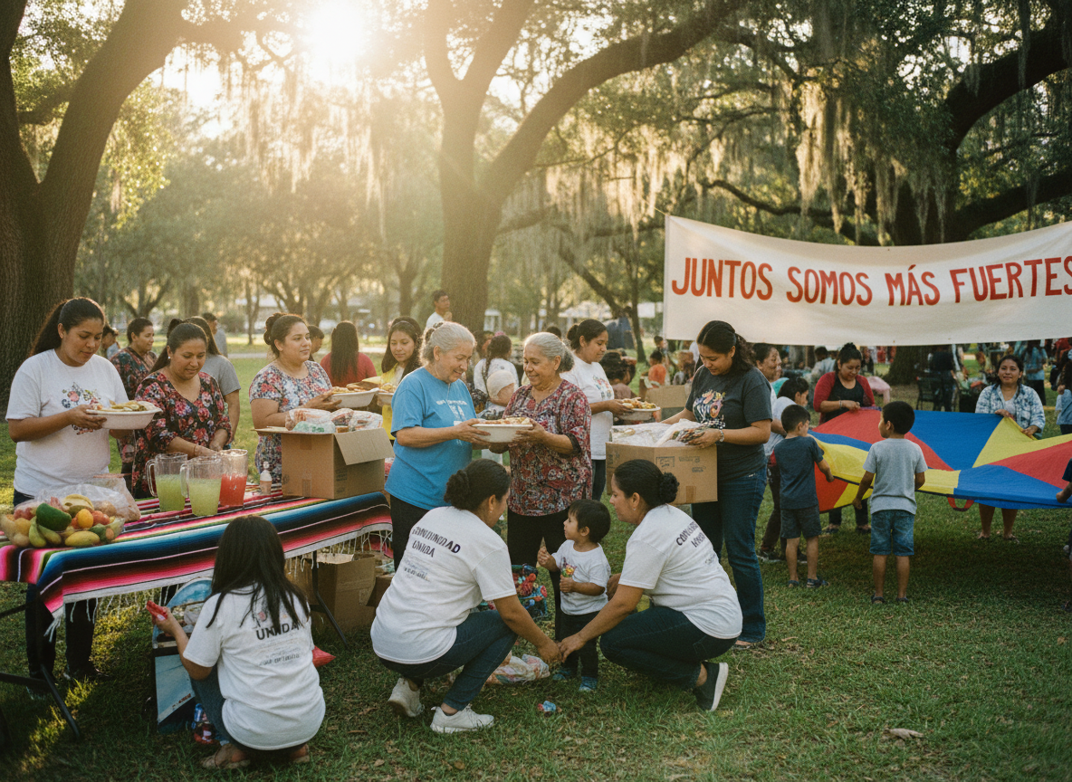 A warm, candid community gathering scene of Latino families helping each other — parents, children, and volunteers smiling and connecting outdoors in natural light. People sharing food, offering support, and working together. Culturally reflective, documentary-style photography feel, hopeful and human. Warm golden light, vibrant but genuine.