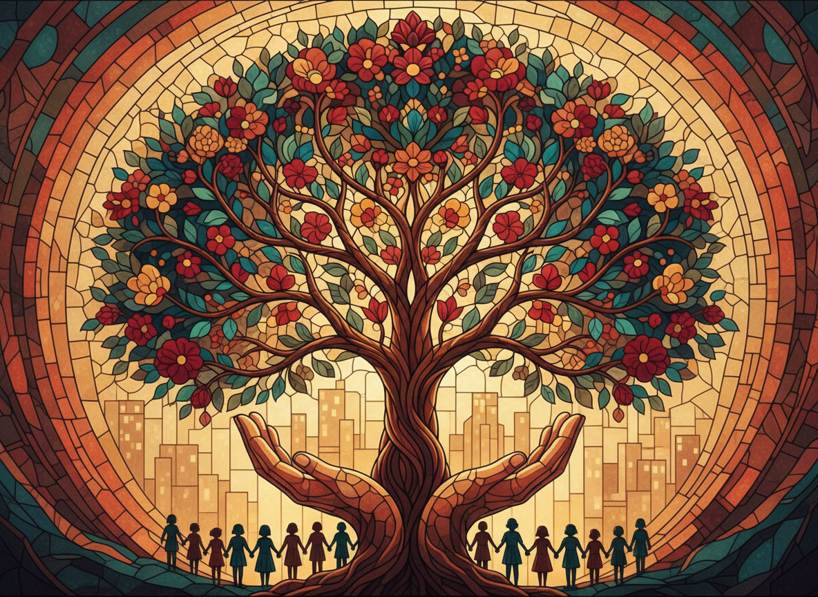 A wide landscape banner illustration inspired by a tree of life logo. A large, lush tree with colorful flowers and green leaves grows from two cupped hands at the center. Silhouettes of children holding hands stand beneath the tree. Warm golden and teal tones, stained glass mosaic art style, city skyline softly visible in the background. Earthy, rich colors — terracotta, teal, gold, deep green. No text or logos. Wide cinematic composition suitable for a website hero banner.